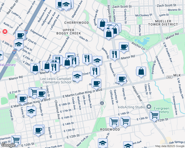 map of restaurants, bars, coffee shops, grocery stores, and more near 2805 East 22nd Street in Austin