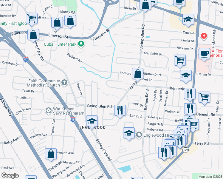 map of restaurants, bars, coffee shops, grocery stores, and more near 5127 South Pines Drive in Jacksonville