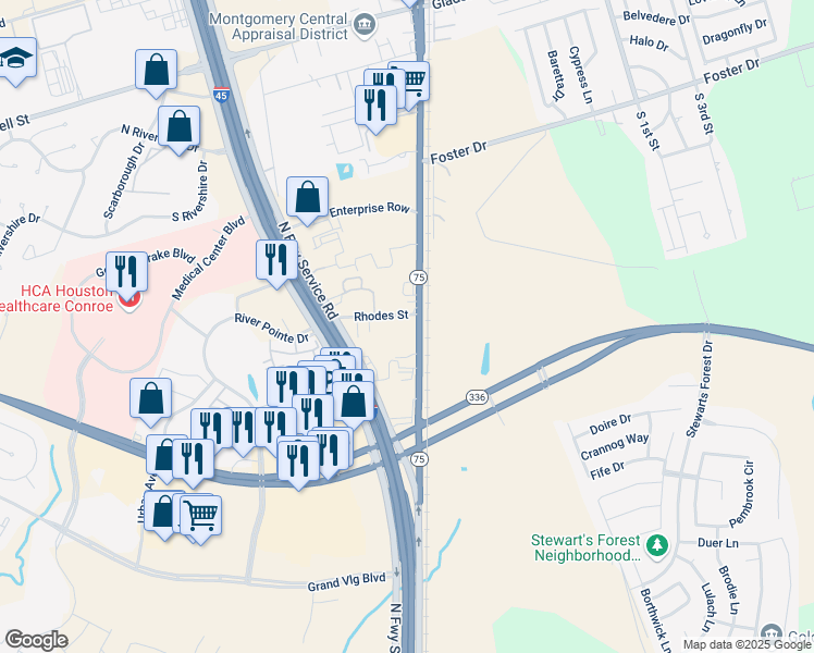 map of restaurants, bars, coffee shops, grocery stores, and more near 1502 South Frazier Street in Conroe