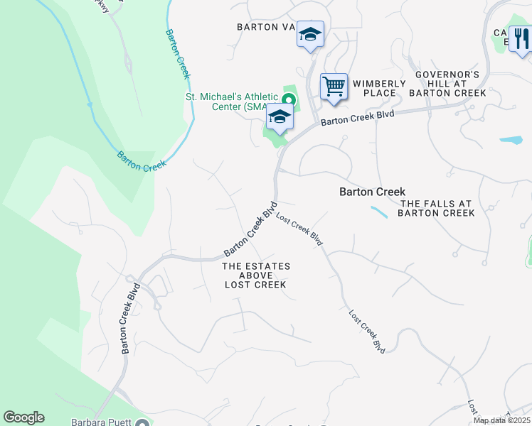 map of restaurants, bars, coffee shops, grocery stores, and more near 3200 Barton Creek Boulevard in Austin
