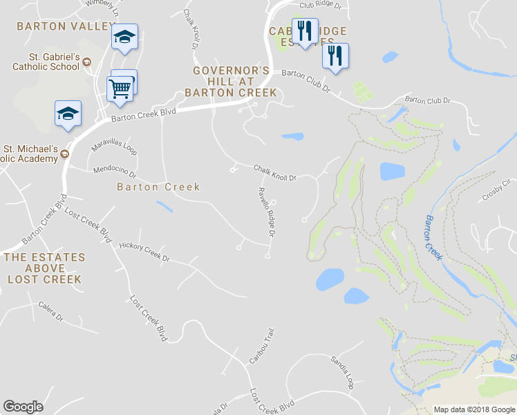 map of restaurants, bars, coffee shops, grocery stores, and more near 2632 Ravello Ridge Drive in Austin