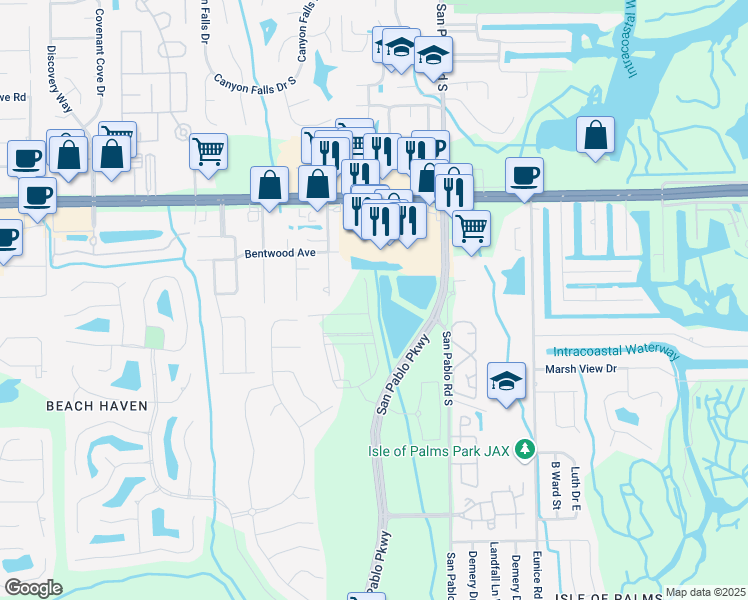 map of restaurants, bars, coffee shops, grocery stores, and more near 3461 Washburn Road in Jacksonville