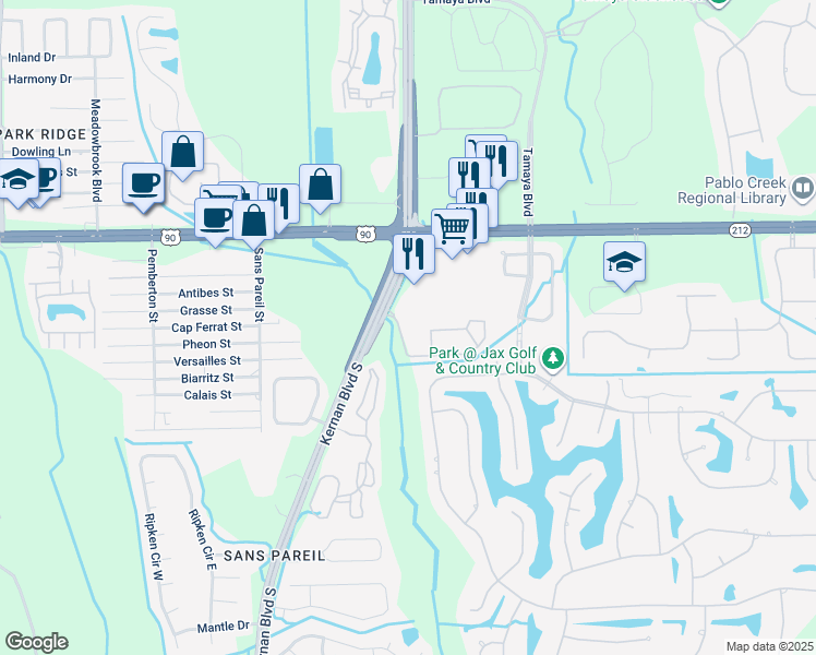 map of restaurants, bars, coffee shops, grocery stores, and more near Unnamed Road in Jacksonville