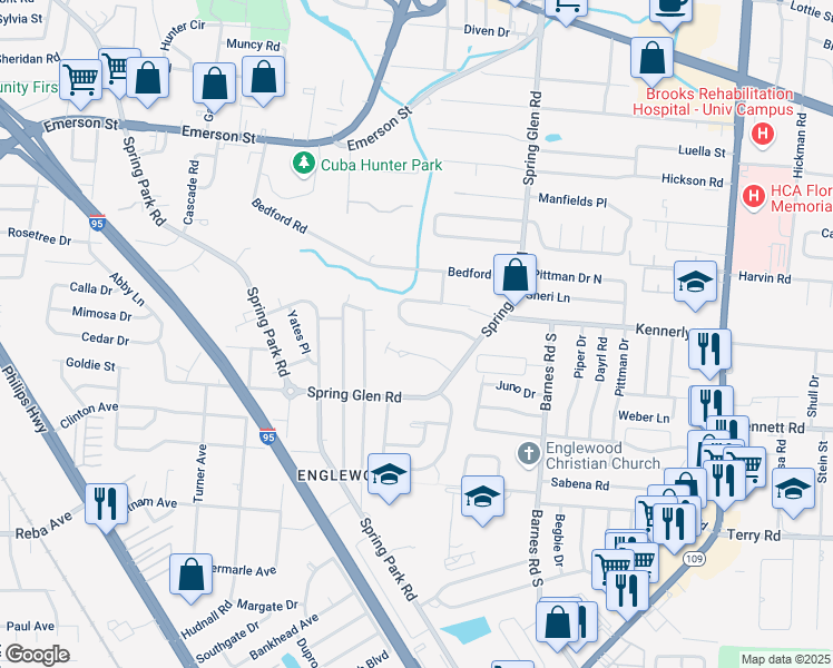 map of restaurants, bars, coffee shops, grocery stores, and more near 5127 South Pines Drive in Jacksonville