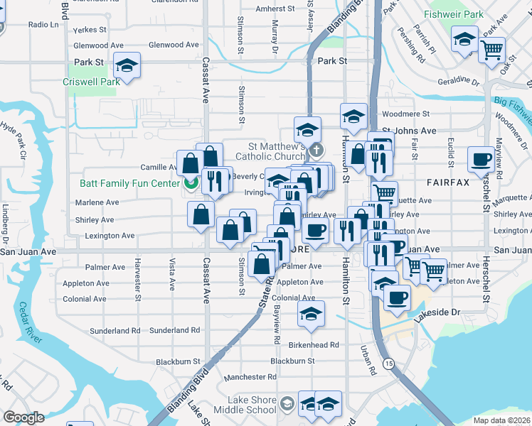 map of restaurants, bars, coffee shops, grocery stores, and more near 4755 Lexington Avenue in Jacksonville