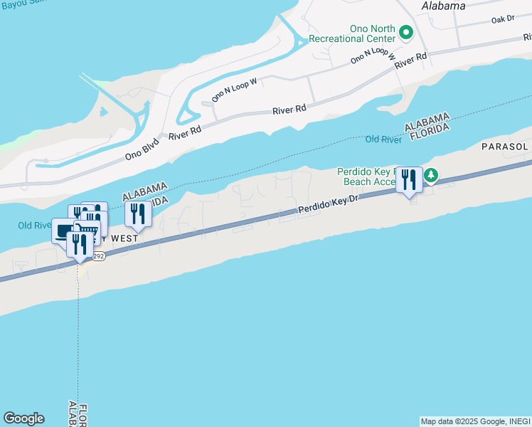map of restaurants, bars, coffee shops, grocery stores, and more near 16787 Perdido Key Drive in Pensacola