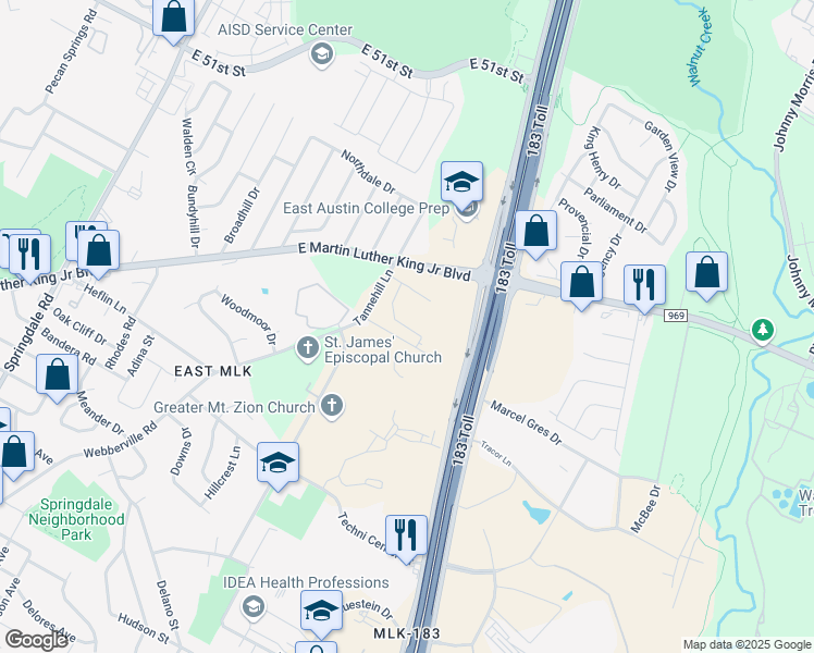 map of restaurants, bars, coffee shops, grocery stores, and more near 5700 Tracor Ln in Austin