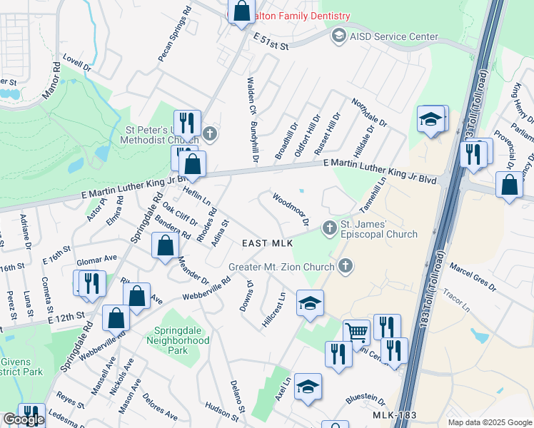 map of restaurants, bars, coffee shops, grocery stores, and more near 5102 Heflin Lane in Austin