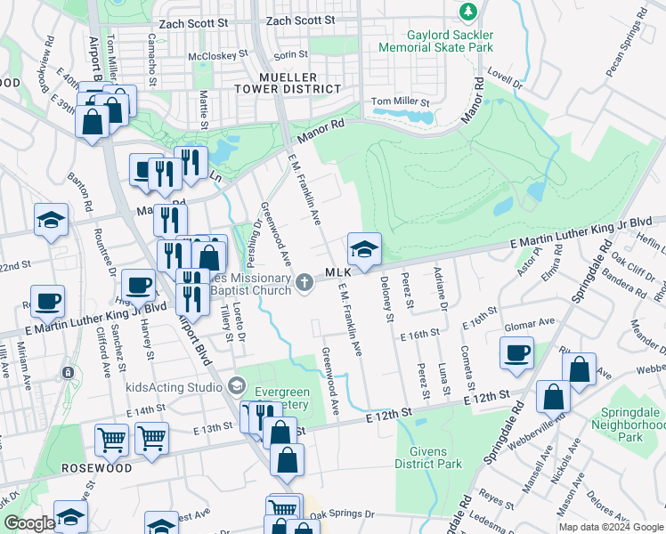map of restaurants, bars, coffee shops, grocery stores, and more near in Austin