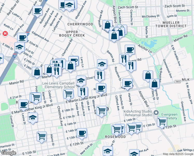 map of restaurants, bars, coffee shops, grocery stores, and more near 2805 East 22nd Street in Austin