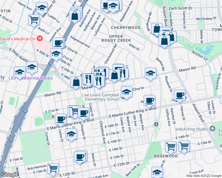 map of restaurants, bars, coffee shops, grocery stores, and more near 2107 Maldon Place in Austin