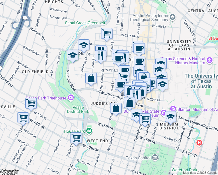 map of restaurants, bars, coffee shops, grocery stores, and more near 1907 San Gabriel Street in Austin