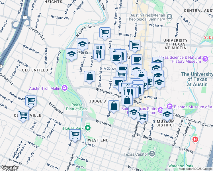 map of restaurants, bars, coffee shops, grocery stores, and more near 1907 San Gabriel Street in Austin
