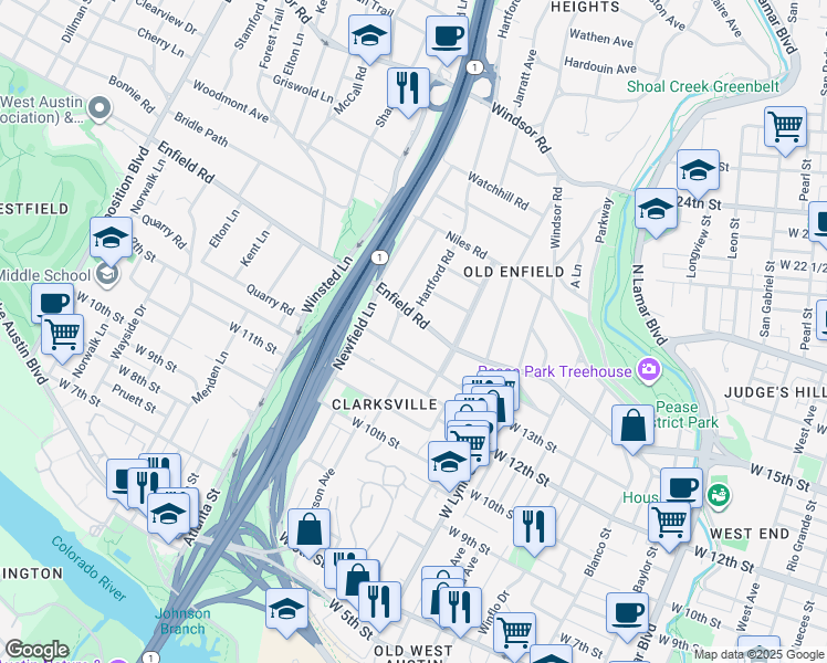 map of restaurants, bars, coffee shops, grocery stores, and more near 1718 Palma Plaza in Austin