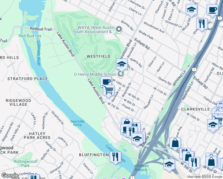 map of restaurants, bars, coffee shops, grocery stores, and more near 2601 West 8th Street in Austin