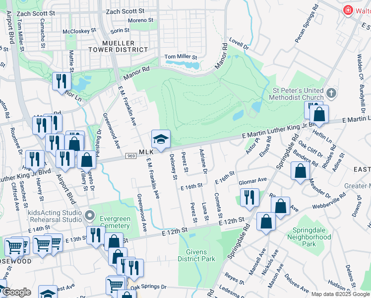 map of restaurants, bars, coffee shops, grocery stores, and more near 1809 Perez Street in Austin