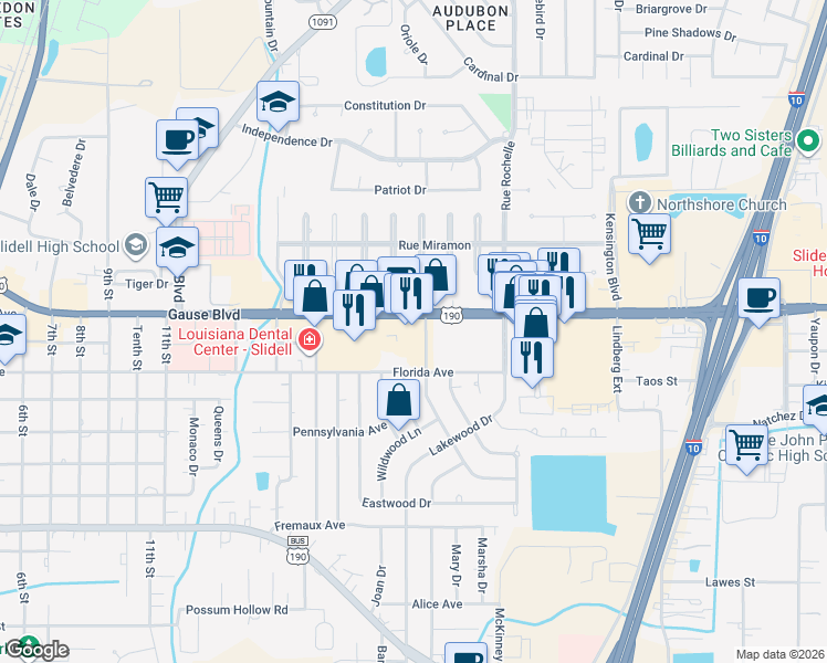map of restaurants, bars, coffee shops, grocery stores, and more near 1323 Englewood Drive in Slidell
