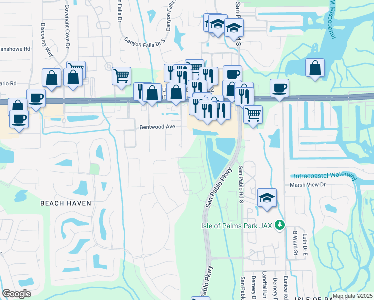 map of restaurants, bars, coffee shops, grocery stores, and more near 3461 Washburn Road in Jacksonville