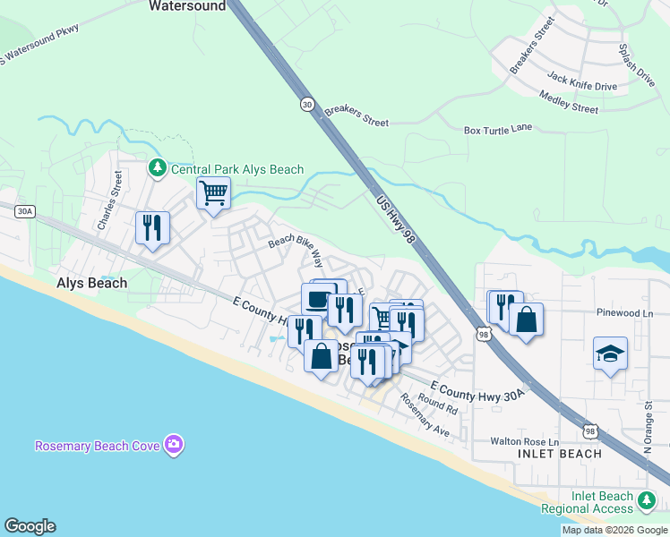 map of restaurants, bars, coffee shops, grocery stores, and more near 48 Beach Bike Way in Panama City Beach