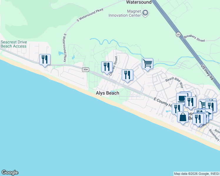 map of restaurants, bars, coffee shops, grocery stores, and more near 16 Shinbone Court in Panama City Beach