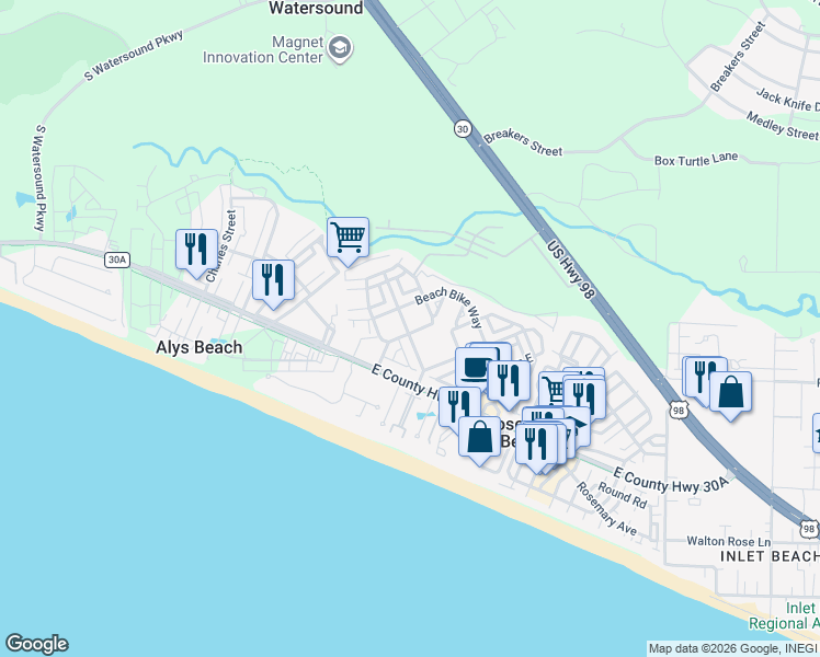 map of restaurants, bars, coffee shops, grocery stores, and more near 62 Seacrest Beach Boulevard West in Panama City Beach