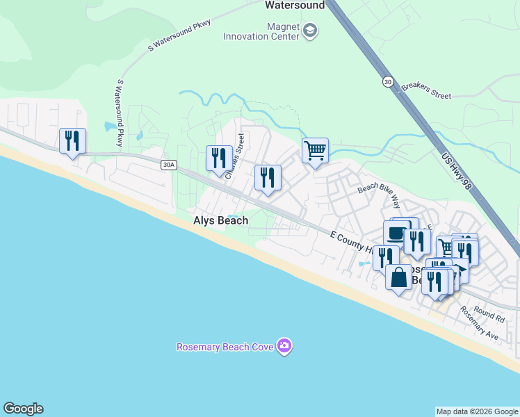 map of restaurants, bars, coffee shops, grocery stores, and more near 58 North Castle Harbour Drive in Alys Beach