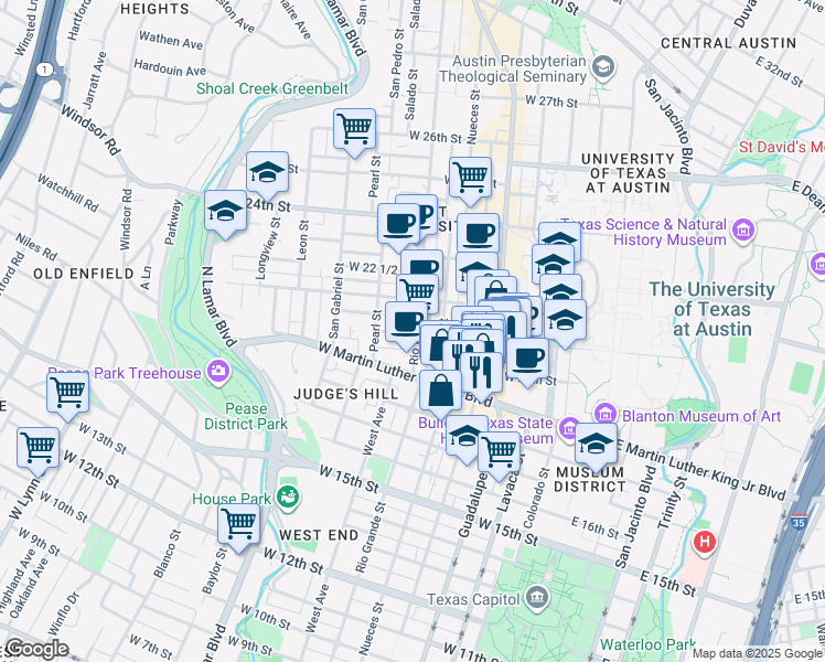 map of restaurants, bars, coffee shops, grocery stores, and more near 1912 Nueces Street in Austin