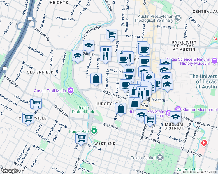 map of restaurants, bars, coffee shops, grocery stores, and more near 1907 San Gabriel Street in Austin