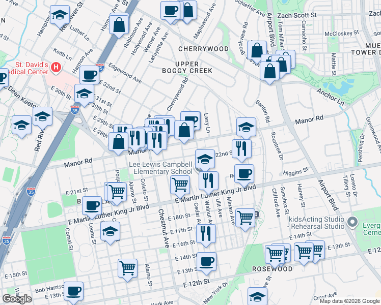 map of restaurants, bars, coffee shops, grocery stores, and more near 2606 Oaklawn Avenue in Austin