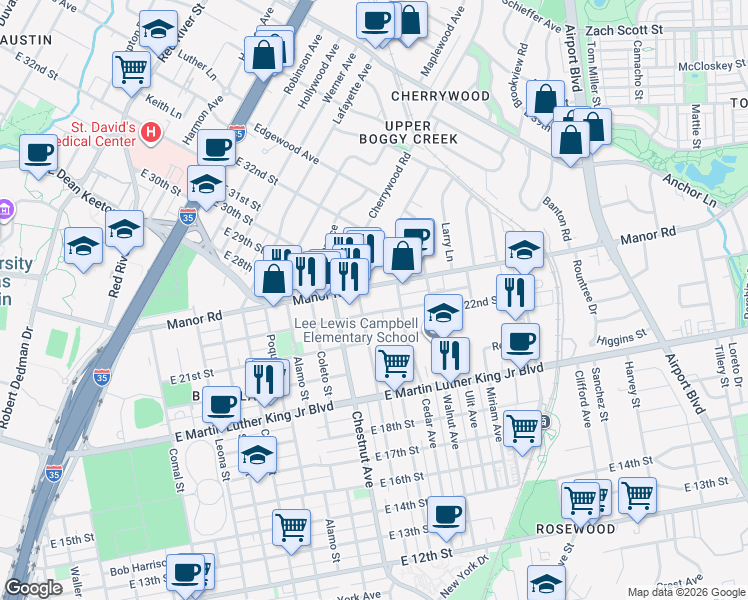 map of restaurants, bars, coffee shops, grocery stores, and more near 2107 Maldon Place in Austin