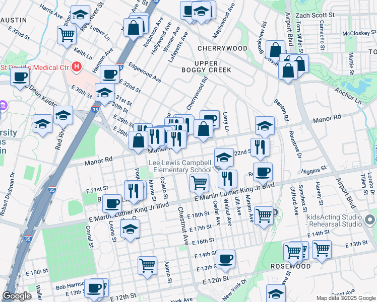 map of restaurants, bars, coffee shops, grocery stores, and more near 2107 Maldon Place in Austin
