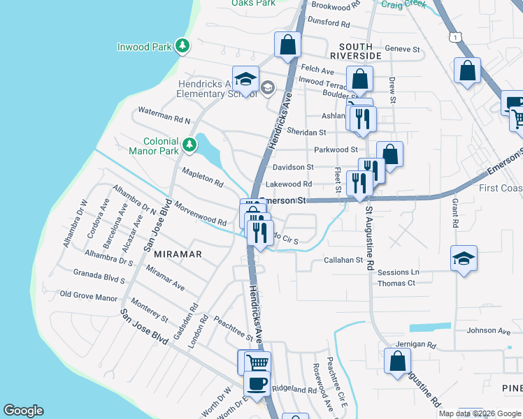 map of restaurants, bars, coffee shops, grocery stores, and more near 3829 Hendricks Avenue in Jacksonville