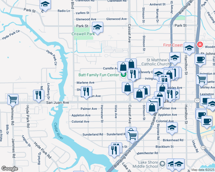 map of restaurants, bars, coffee shops, grocery stores, and more near 5130 Shirley Avenue in Jacksonville
