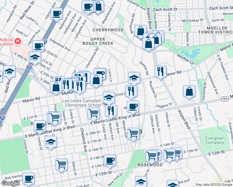 map of restaurants, bars, coffee shops, grocery stores, and more near 2709 East 22nd Street in Austin