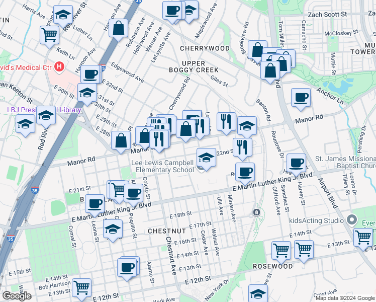 map of restaurants, bars, coffee shops, grocery stores, and more near 2607 Oaklawn Avenue in Austin