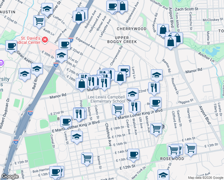 map of restaurants, bars, coffee shops, grocery stores, and more near 2107 Maldon Place in Austin