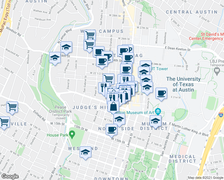 map of restaurants, bars, coffee shops, grocery stores, and more near 1912 Nueces Street in Austin