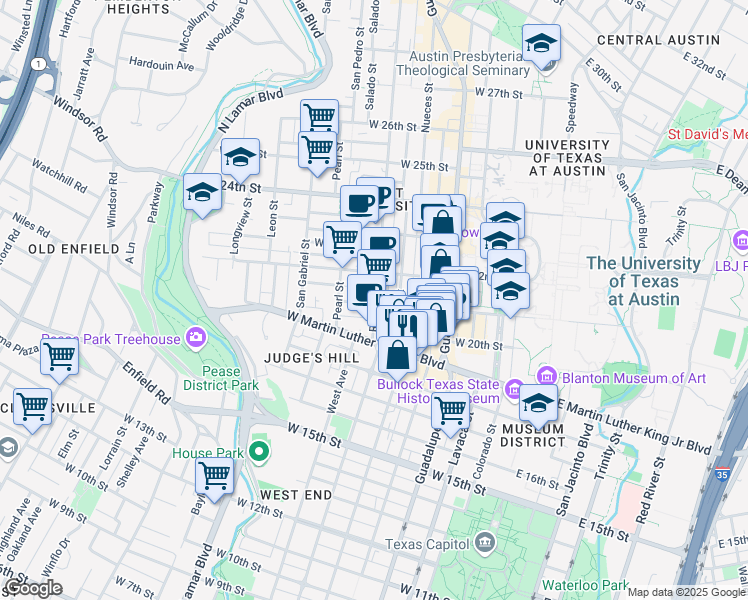 map of restaurants, bars, coffee shops, grocery stores, and more near 1912 Nueces Street in Austin