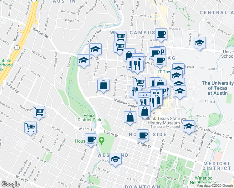 map of restaurants, bars, coffee shops, grocery stores, and more near 1907 San Gabriel Street in Austin