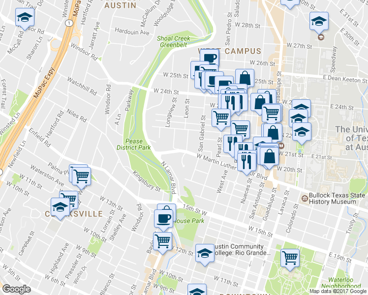 map of restaurants, bars, coffee shops, grocery stores, and more near 1003 West Martin Luther King Junior Boulevard in Austin