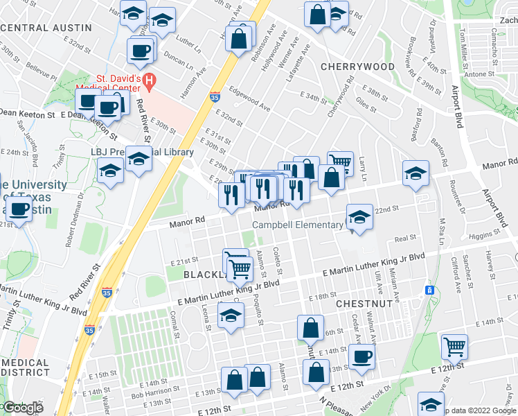 map of restaurants, bars, coffee shops, grocery stores, and more near Manor Rd & Breeze Terrace in Austin