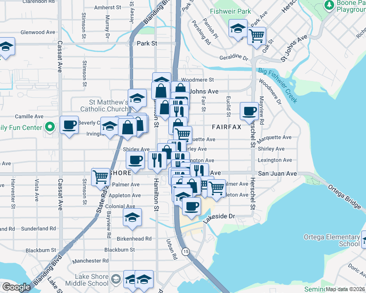 map of restaurants, bars, coffee shops, grocery stores, and more near 4343 Roosevelt Boulevard in Jacksonville