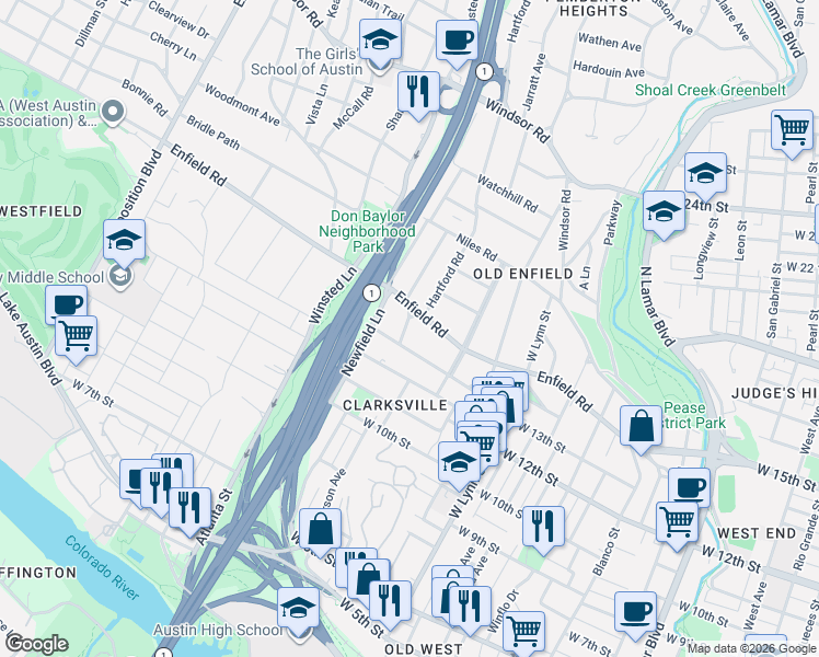 map of restaurants, bars, coffee shops, grocery stores, and more near 1718 Palma Plaza in Austin