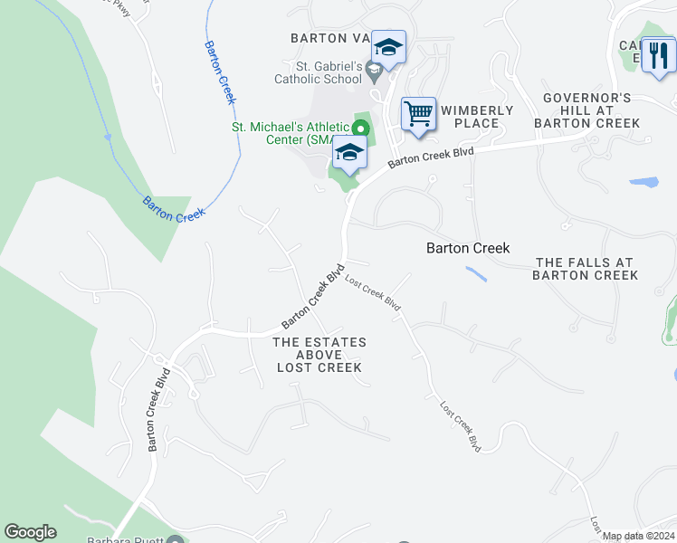 map of restaurants, bars, coffee shops, grocery stores, and more near Barton Creek Boulevard in Austin