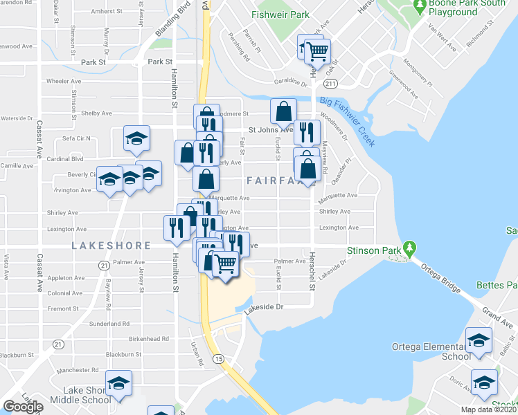 map of restaurants, bars, coffee shops, grocery stores, and more near 4335 Shirley Avenue in Jacksonville
