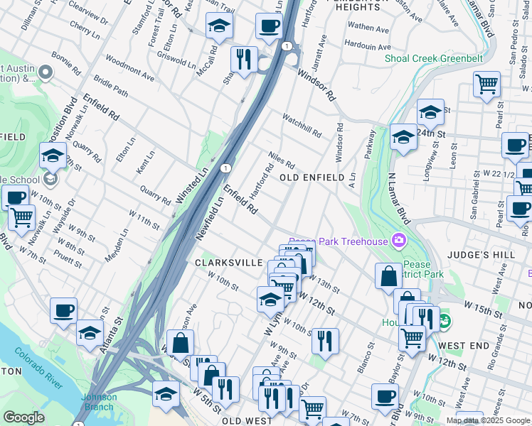 map of restaurants, bars, coffee shops, grocery stores, and more near 1708 Enfield Road in Austin