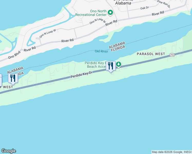 map of restaurants, bars, coffee shops, grocery stores, and more near 16581 Perdido Key Drive in Pensacola