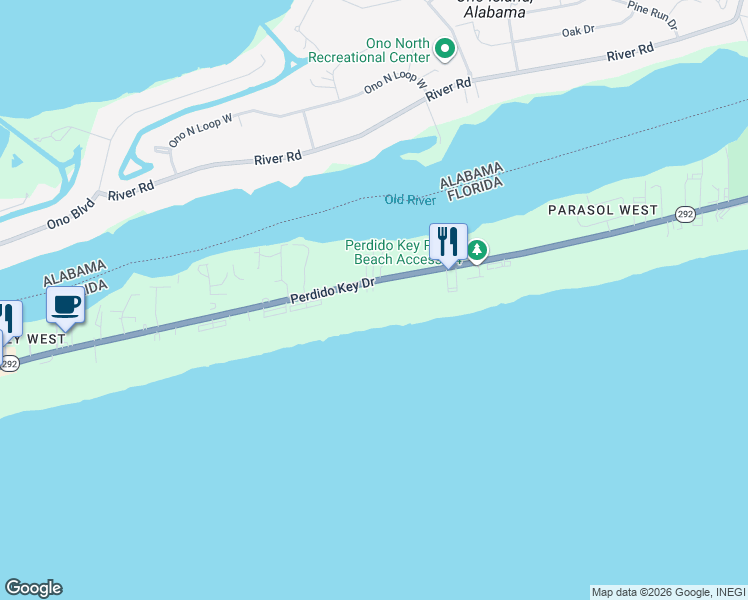 map of restaurants, bars, coffee shops, grocery stores, and more near 16605 Perdido Key Drive in Pensacola