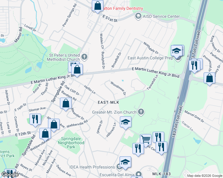 map of restaurants, bars, coffee shops, grocery stores, and more near 5200 Stone Gate Drive in Austin