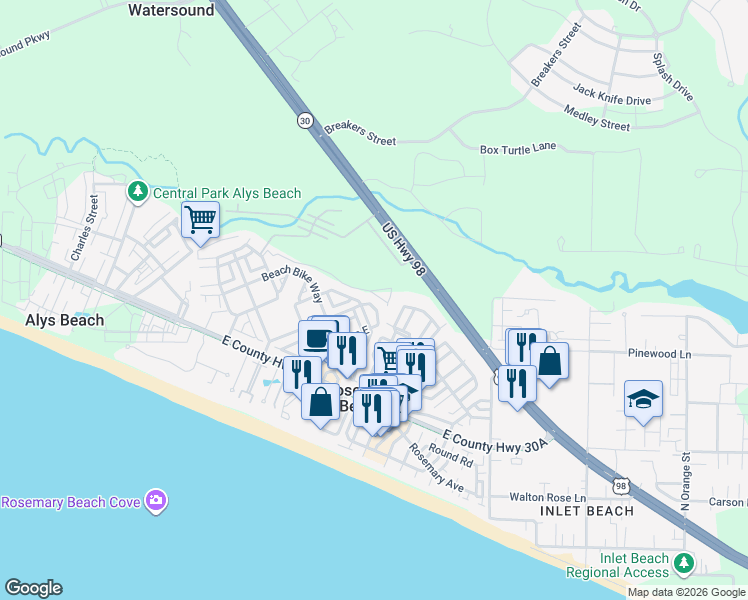 map of restaurants, bars, coffee shops, grocery stores, and more near 113 Lifeguard Loop West in Rosemary Beach